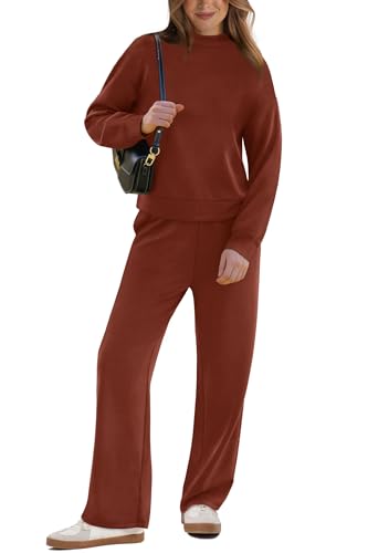 Image of WIHOLL Two Piece Sets for Women Fall Outfits Lounge Sets Mock Neck Tops Wide Leg Pants Vacation Travel Airport Outfits