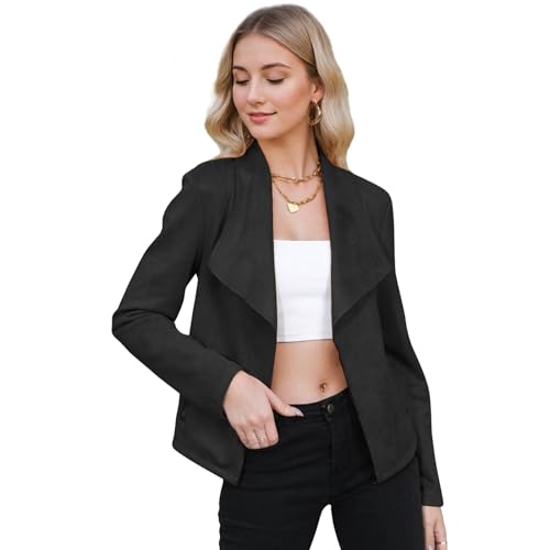 Zando Womens Faux Suede Jacket Open Front Womens Bomber Cropped Jacket with Pockets Outwear Long Sleeve Fashion Biker Jacket