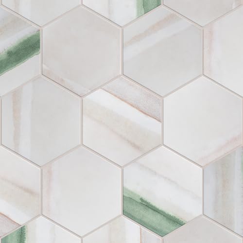 Merola Tile Matter Hex Canvas Bone Green 7-7/8" x 9"