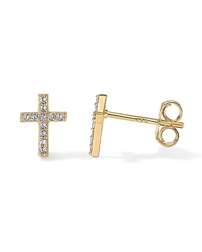 PAVOI 14K Yellow Gold Plated Sterling Silver Earrings | Pave CZ Yellow Gold Cross Earrings for Women