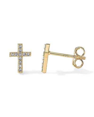 PAVOI 14K Yellow Gold Plated Girls Sterling Silver Earrings | Pave CZ Yellow Gold Cross Earrings for Women