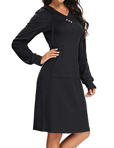 Kimmery Teacher Dress, Fall Energetic Long Sleeve Retro V Neck Hoodie Knee Length Side Pocket Chic Black Solid Sweatshirt Sexy Attractive Dating Street Holiday Pullover X Large #TOP2