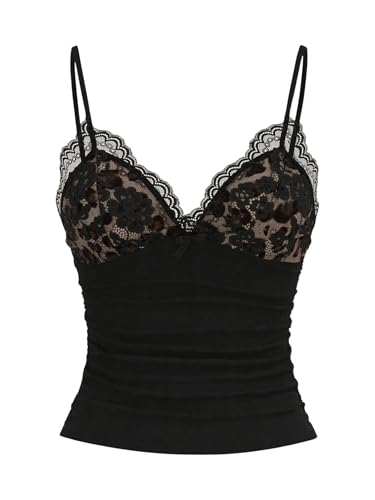MakeMeChic Women's Floral Lace Camisole Y2K V Neck Spaghetti