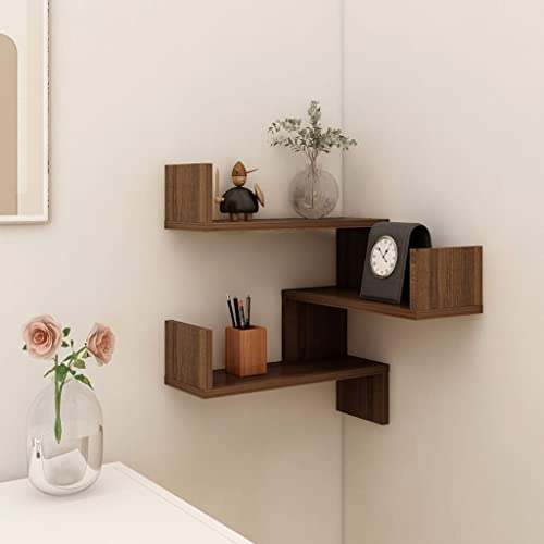 Moderno estante esquinero de pared de 40 x 40 x 50 cm, roble marrón, elegante almacenamiento para sala de estar, dormitorio, cocina u oficina, diseño de aglomerado duradero, solución para ahorrar