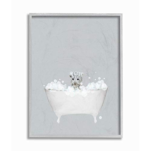Stupell Industries White Tiger Blue Bath Cute Animal Design, Designed by Leah Straatsma Wall Art, 11 x 1.5 x 14, Grey Framed
