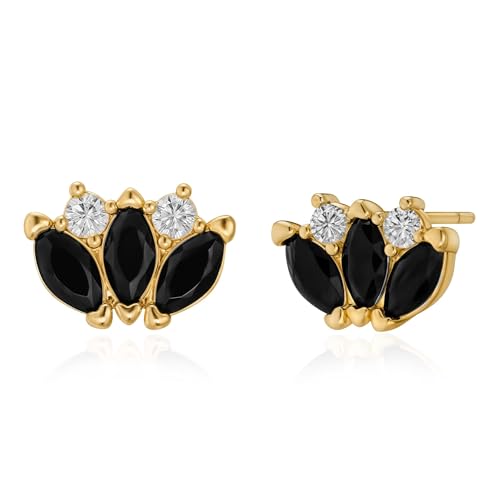 FETTERO Stud Earrings for Women - 14K Gold Plated CZ Hypoallergenic Earrings Studs Dainty Black CZ Leaf Gold Earrings for Women Trendy Statement Jewelry