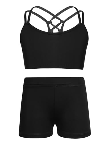 CHICTRY Kids' Girls' 2 Piece Activewear Set Strappy Sport Bra and Booty Short for Dancing Tumbling Athletic Gymnastics Strappy Black 5-6 Years