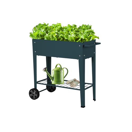 AGENQI Hochbeet Metall mit Rädern und Ablage 84.5 x45x80cm, Blumenkasten Frühbeet Kräuterbeet Pflanzenbeet, Gemüsebeet Gartenbeet Blumenkübel für Balkon，Garten，Petrol blau