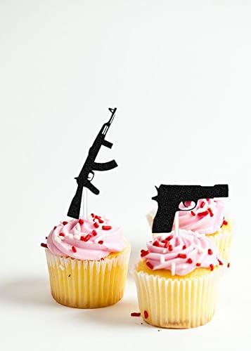 Miniatura 4 de Decoración para magdalenas, 24 unidades, pistolas, metralletas, granadas, sables, purpurina negra, temática militar, decoración para cupcakes para