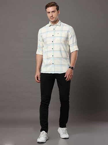 Image of COOL COLORS Men's Cream Slim Fit Cotton Casual Checks Shirt