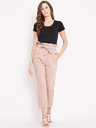 Image of PANIT Solid Rose Gold Colour Pleated elsticated high Waist Trouser has tie up at Waist and Two Pockets.