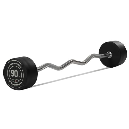 Titan Fitness 90 LB Rubber EZ Curl Fixed Barbell Pre-Loaded Weight Bar for Strength Training & Weightlifting