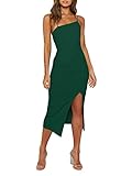 Vestido feminino midi colado ao corpo com zíper e bainha com fenda dividida e alças finas, Verde escuro, P