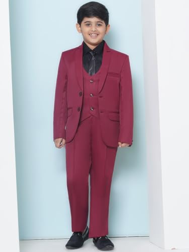 Image of AJ DEZINES Kids 5 Piece Solid Cotton Blend Coat Pant Suit Set For Boys