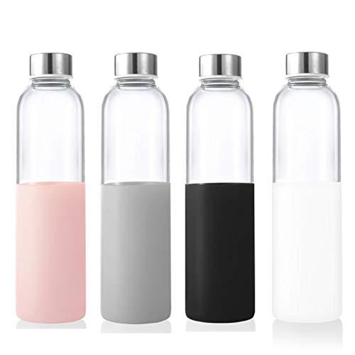 Sursip 20oz Borosilicate Glass Water Bottle Reusable Drinking Bottles with Stainless Steel Lid and Silicone Sleeves - BPA Free，Set of 4 Small Summer 4Pack