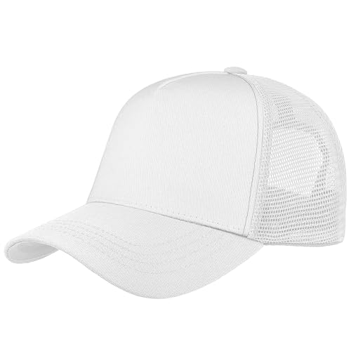 Falari 5-Panel Mesh Baseball Cap Trucker Hat Structured Plain Design Cotton Adjustable Size - White