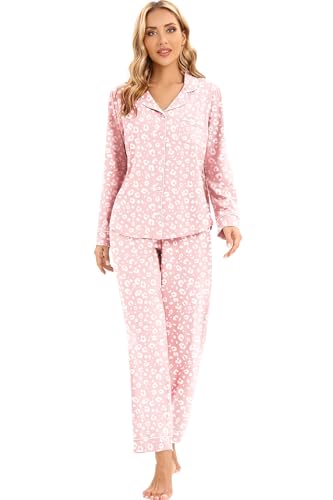 Image of LUBOT 100% Cotton Pajamas for Women Pajama Set 2 Piece PJ Sleepwear Set Soft Ladies Button Knit Long Sleeve Loungewear XS-XXL