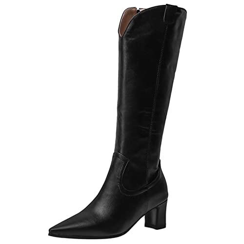 Lroey Reoly Stivali da Donna a Metà Polpaccio con Tacco a Blocco, Stivali da Vestito Tacco Medio Appuntito Boots Zip 045 Nero Numero 45 EU