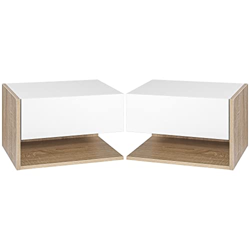 HOMCOM Tables de Chevet suspendues Lot de 2 - Tables de Nuit Murale - tiroir Coulissant - en Bois Bicolore Aspect chêne Blanc