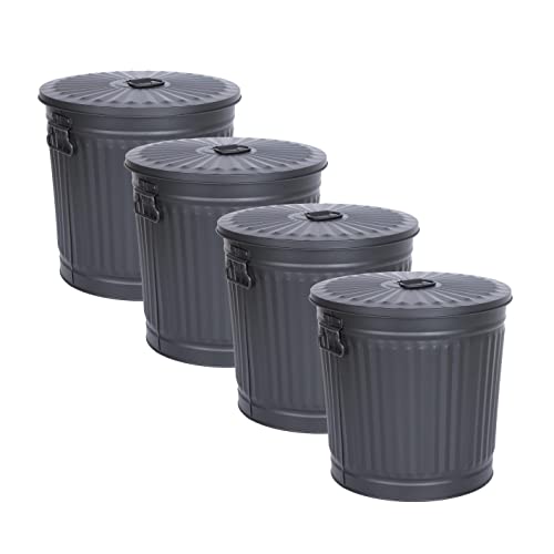 Jinfa | Set da 4 Bidoni della spazzatura in metallo con manici e coperchio | Nero | Ø 29 cm, h 31,5 cm | Capienza 18 litri
