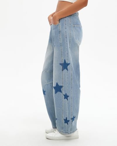 Kedera Women's Barrel Boyfriend Baggy Star Print Jeans Denim Pants Mid Rise Wide Leg Y2K Horseshoe Jeans Trendy3