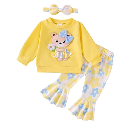 Image of Baby Girl Clothes Fall Winter Long Sleeve Bear Cartoon Sweatshirt Flare Pants Bow Headband Set 6 Months-4 Years Old
