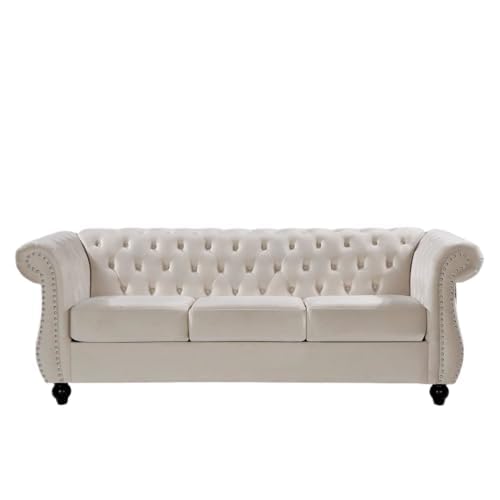 Dime Store Wooden Chesterfield Sofa Set 1, 2 & 3 Seater with Rolled Arm Design Button Tufted Upholstered Couch Classic Living Room Sofa for Home, Office & Lounge Seating (Beige, 3 Seater)-image-44