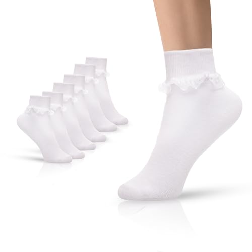 Girls Frilly Ankle Socks 6 Pairs Cotton Rich | Home School Everyday Wear Dress | Lace Trim Casual Super Soft White Frilly Socks Girls | Lightweight Breathable Quick Drying | Sizes 2-14 Years