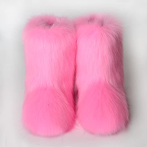Bininbox Faux Fur Boots For Women Fuzzy Fluffy Furry Round Toe Suede Winter Comfy Plush Warm Short Snow Bootie Flat Shoes Mid-Calf Boots Outdoor Indoor(7 B(M) Us,Pink) #TOP1