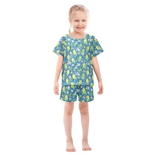 Green Parrot Flower Pattern Summer Cute Pajama Sets, Short Sets for Daily Wears and Sleep Wears3