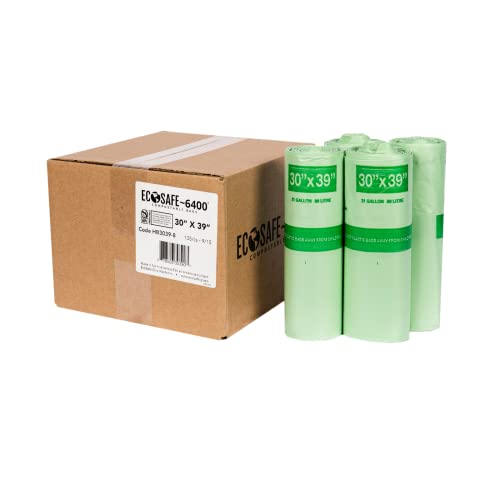 Image of EcoSafe-6400 HB3039-8 Certified Compostable Bag - 30x39 inch Green Bags for 30 Gallon Bin - Extra Strong Leak, Puncture and Tear Resistant Food Scraps Bin Liners, Pack of 135