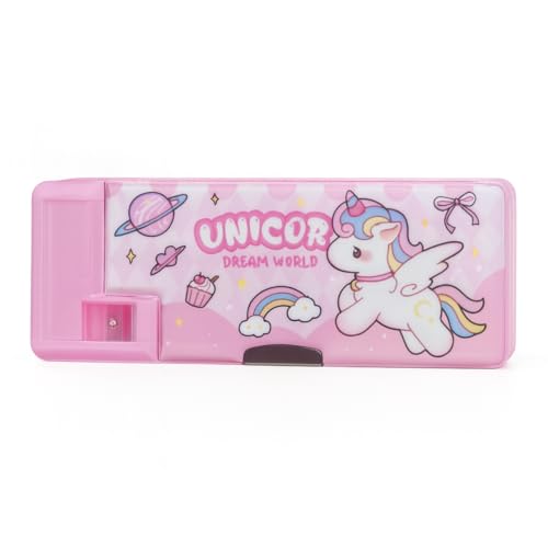 Dynamart Estojo Escolar Infantil Retrô Automático, 3 Divisórias, Apontador Duplo, Plástico ABS, 24,5x9,5cm, Detalhe 3D, Botões Automáticos, Tabuada Traseira, para Crianças +5 Anos (Unicórnio)