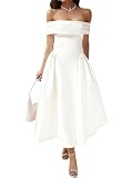Tea Length Prom Dresses for Women Elegant Off Shoulder Short Sleeve Swing A Line Wedding Guest Engagement Party Midi Dress (White,M)