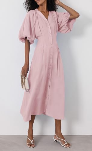 Image of chouyatou Women Summer Puff Sleeve Button Down Shirt Dress Flowy Elegant Business Casual Midi Long Dress