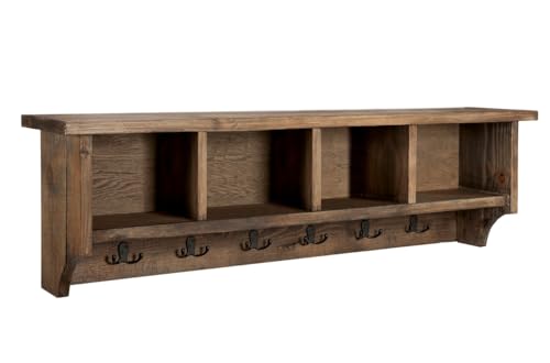 Alaterre Furniture Pomona Coat Hooks – Rustic Farmhouse 48" Wall-Mounted Entryway Coat Rack with Shelf, 6 Double Hooks & 4 Open Cubbies – Solid Wood Mudroom Hallway Storage Organizer (Rustic Brown)