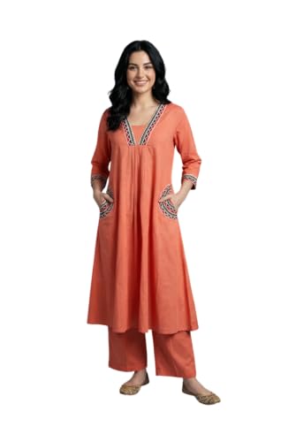 Kurta en coton brodé orange tunique indienne A-line tendance femme