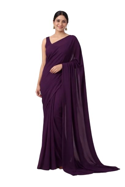 Georgette Saree Plain Dark Wine Saree Women's Wine Sari With Blouse Bollywood Saree-image-6