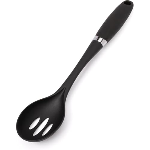 Creative Kitchen Slotted Spoon | Strong Heat Resistant Nylon Utensil | Soft Comfort Grip Handle | Sleek Modern Design with Chrome Trim | Dishwasher Safe | Black/Chrome
