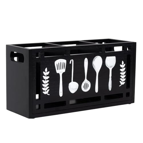 Karisky Utensil Holder for Kitchen Counter Large 3 Compartments Solid Real Wood Utensil Caddy Organizer with 4 Non-Slip Pads
