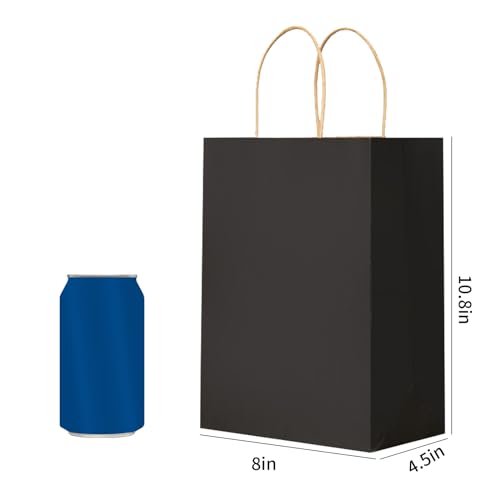 METAPRINT 100 Pcs Paper Gift Bags 8x4.5x10.8 Inch Black Kraft Bag with Handles Bulk for Birthday Wedding Party Favor Bags, Paper Shopping Bags - Thumbnail 3