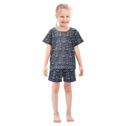 ALAZA Colorful Anchor Dark Blue Pajamas Set Short Sleeve Cotton Sleepwear Summer Pjs 2 Piece 5-14Y3