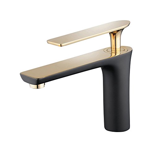 Bathroom Sink Vessel Faucet Centerset Single Handle Brass Basin Mixer Taps with Gold Polished Handle, Black Painting Gudetap GT7507BG