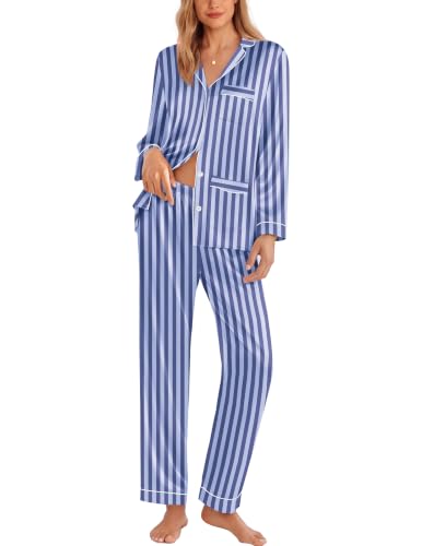 Image of Ekouaer Pajamas for Women Silk Satin Button Down Long Sleeve Pajama Sets | Soft and Lightweight,One Chest Pocket,Two Front Pockets,Daily Wear, for Casual,Sleep,Party Gift