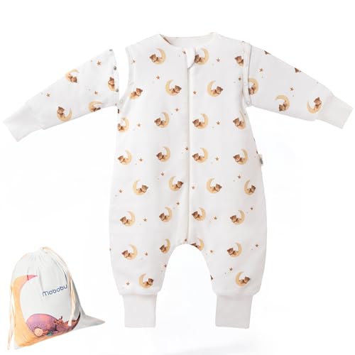 Mababu Saco de dormir para bebé para todo el año con pies y mangas extraíbles, 2,5 tog, 100% algodón orgánico GOTS, saco de dormir infantil para todo el año con pies, puños plegables (oso, 70 cm)