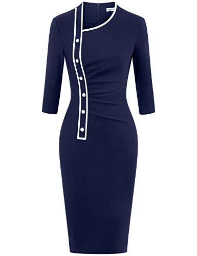 MUXXN Damen Klassisches Retro Asymmetrischer Ausschnitt Rüschen Bodycon Büro Formal Bleistiftkleid, marineblau, XX-Large Cover