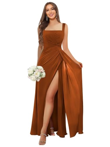 Image of HANVAIOS Square Neck Bridesmaid Dresses Long Chiffon Formal Maxi Dress with Slit