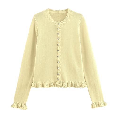Eauptffy Chaqueta de punto para mujer con volantes, manga larga, cuello redondo, jersey monocolor, elegante, corte ajustado, botones, parte superior, ropa de exterior, abrigo suave, O amarillo., S