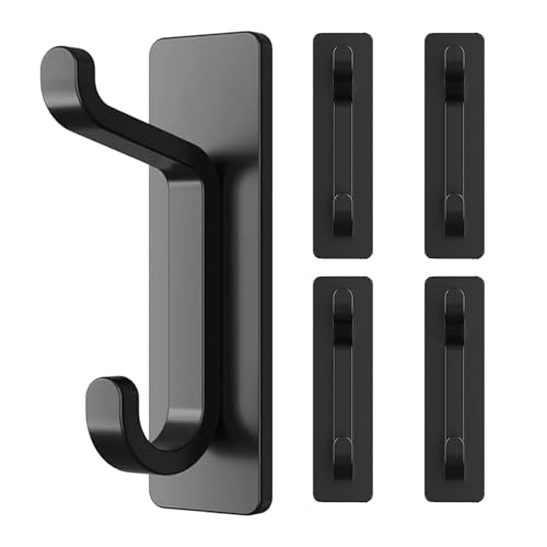 BHSG Self Adhesive Hooks, Strong Grip, Damage-Free, Waterproof-Rustproof for Bathroom, Living Room for Hanging Clothes, Hats, Keys, 4 Pack, (Black)