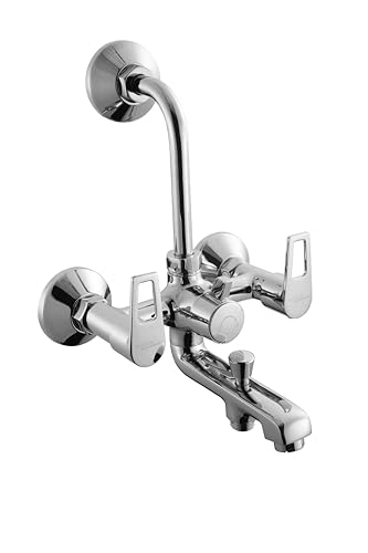 Image of Hindware Italian Collection Aspiro Range F570022CP 3-in-1 Wall Mixer with L-bend | Provision for Overhead & Hand Shower | Made of Brass | Mirror-Like Finish