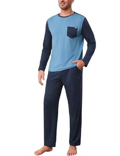 Terecey Pijama Hombre Largo Cuello Redondo Conjunto de Pijama 2 Piezas Camiseta con Bolsillos de Manga Larga y Pantalón Recto de Estilo Moderno y Cómodo para Otoño Invierno